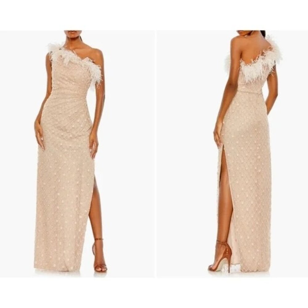 Mac Duggal 68139 Floral Sequin Ostrich Feather One-Shoulder Sheath Gown Size 4